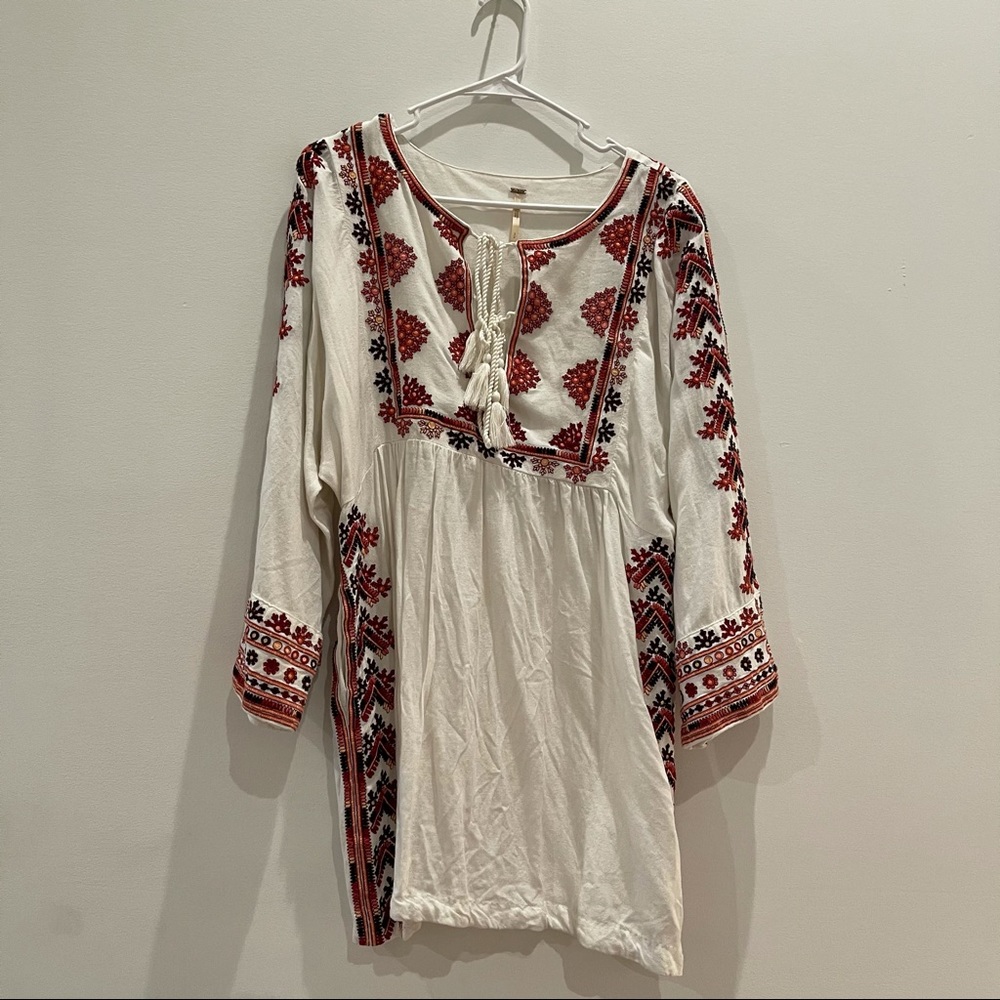 S Free People Long Sleeve Embroidered Tie Dress